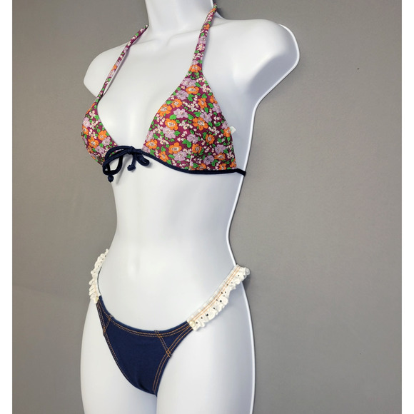Agua Doce Brazilian Cheeky Bikini Swimsuit Womens M Triangle Top Floral Denim - Picture 3 of 16
